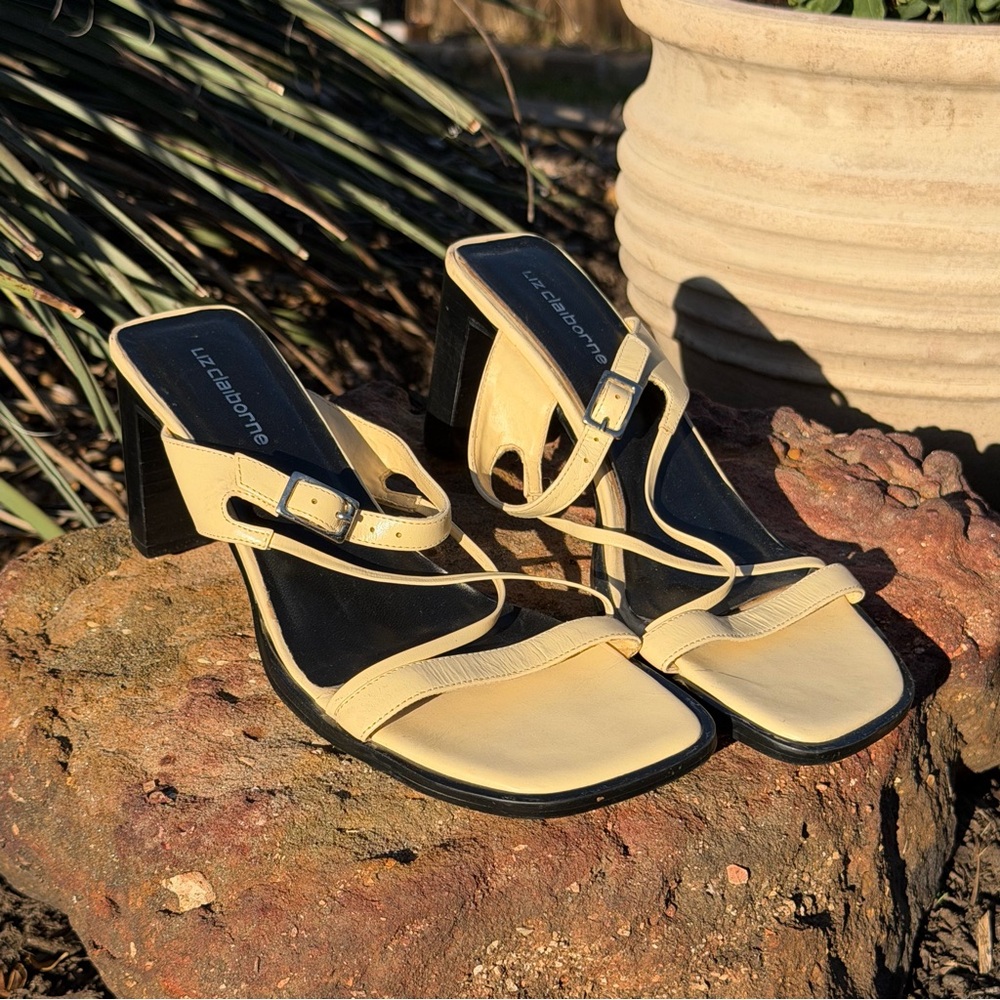 Liz Claiborne Pale Yellow Strappy Block Heel Sandals